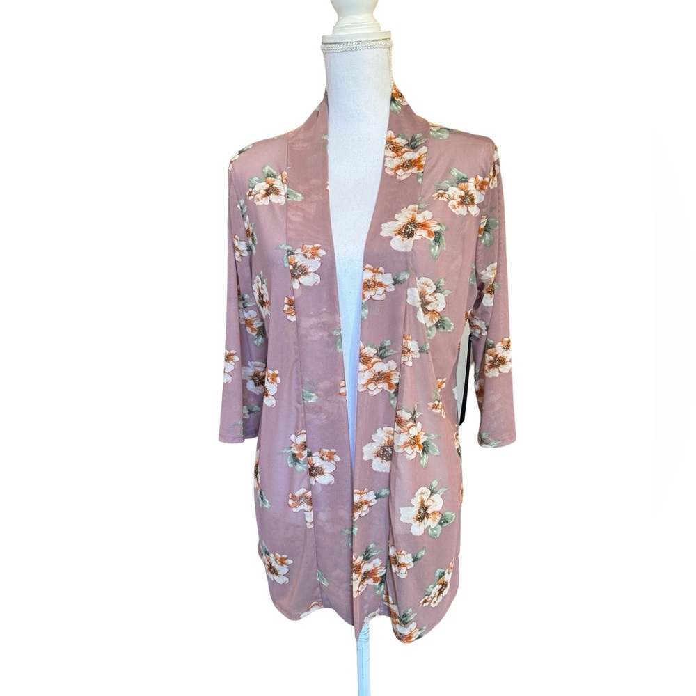 NWT Always Indigo Floral Print Sheer Cardigan/Coverup. Size Large